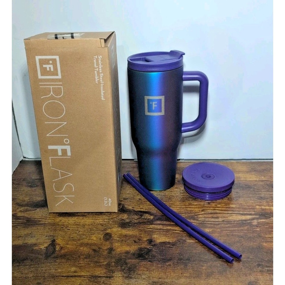 Iron Flask Stainless Steel Insulated Travel Tumbler 40 Oz Aurora two lids straw